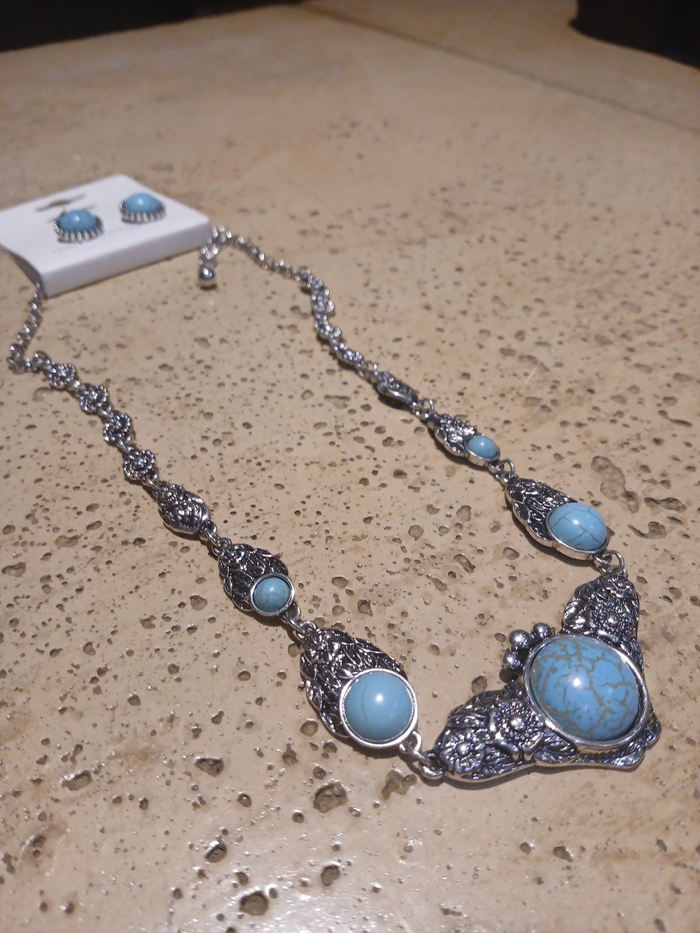 Turquoise Blue Stone Silver-Tone Necklace and Earrings Set